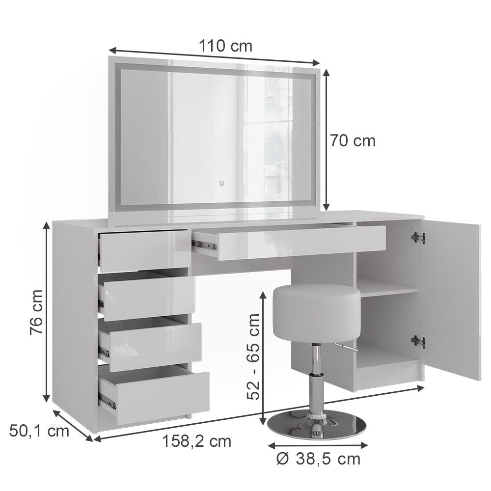 SCHMINKTISCH Sherry Weiß/Weiß Hochglanz 158.2 cm mit LED-Spiegel und Hocker - Weiß Hochglanz, Holzwerkstoff (158.2/76/50.1cm) - Vicco