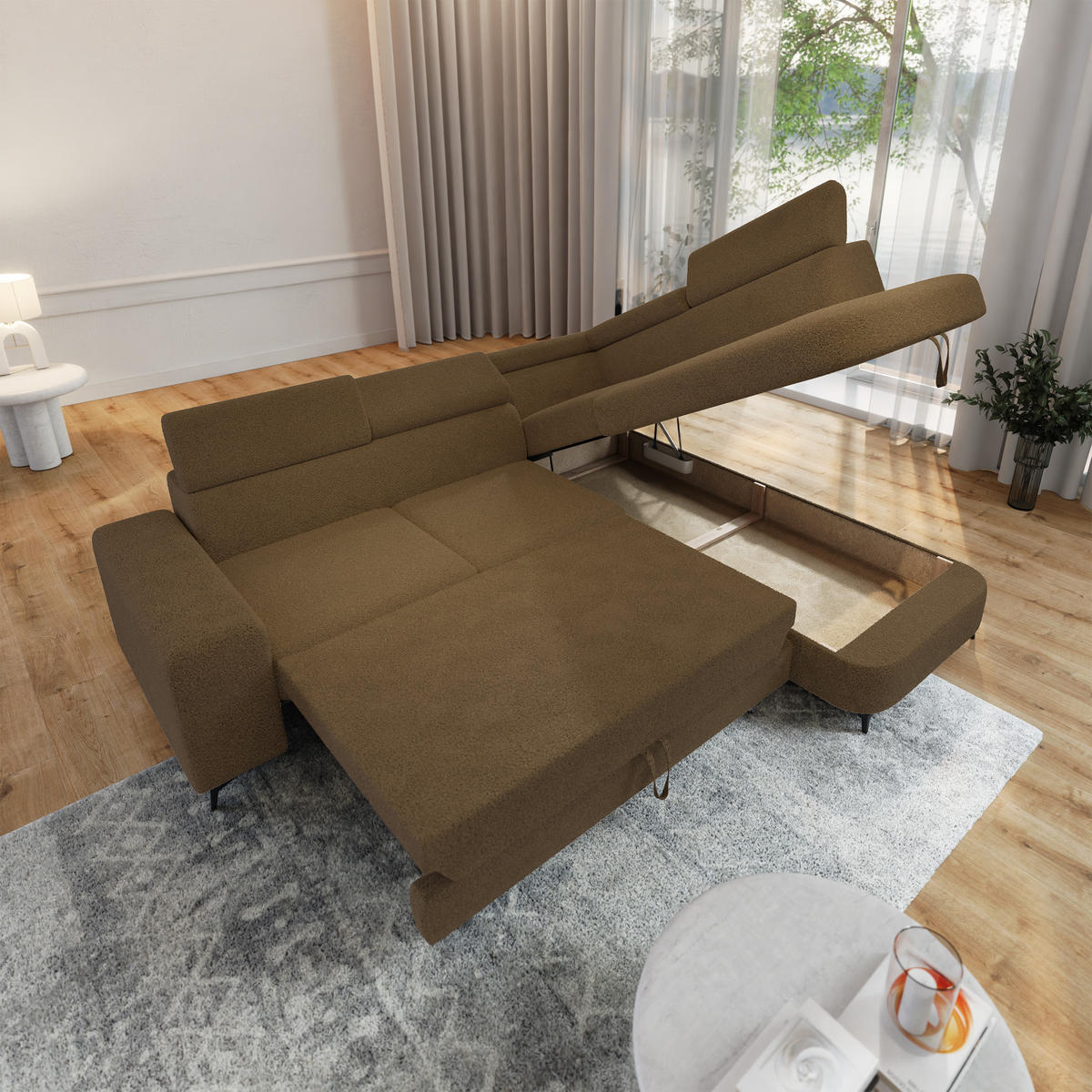 ECKSOFA ALVORO R-S Orange Boucle-Stoff mit Schlaffunktion - Orange, Holz (253/190cm) - MASSENO