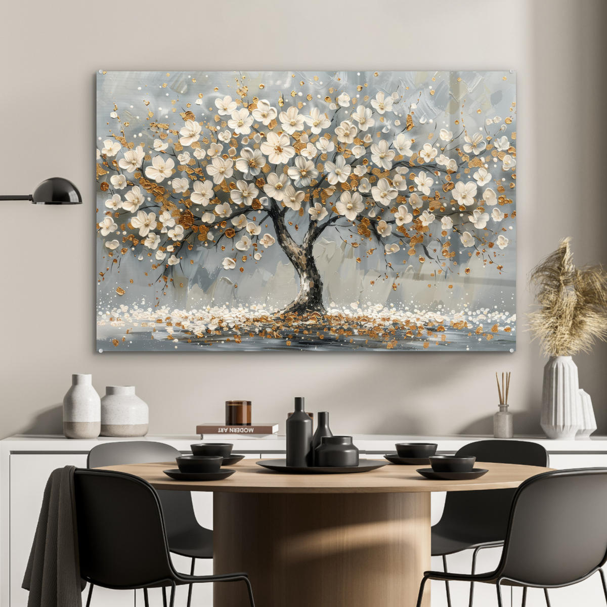 ACRYLGLASBILD Baum - Blumen - Weiß - Natur - Kunst 90x60 cm - Weiß, Glas (90/60cm) - MuchoWow