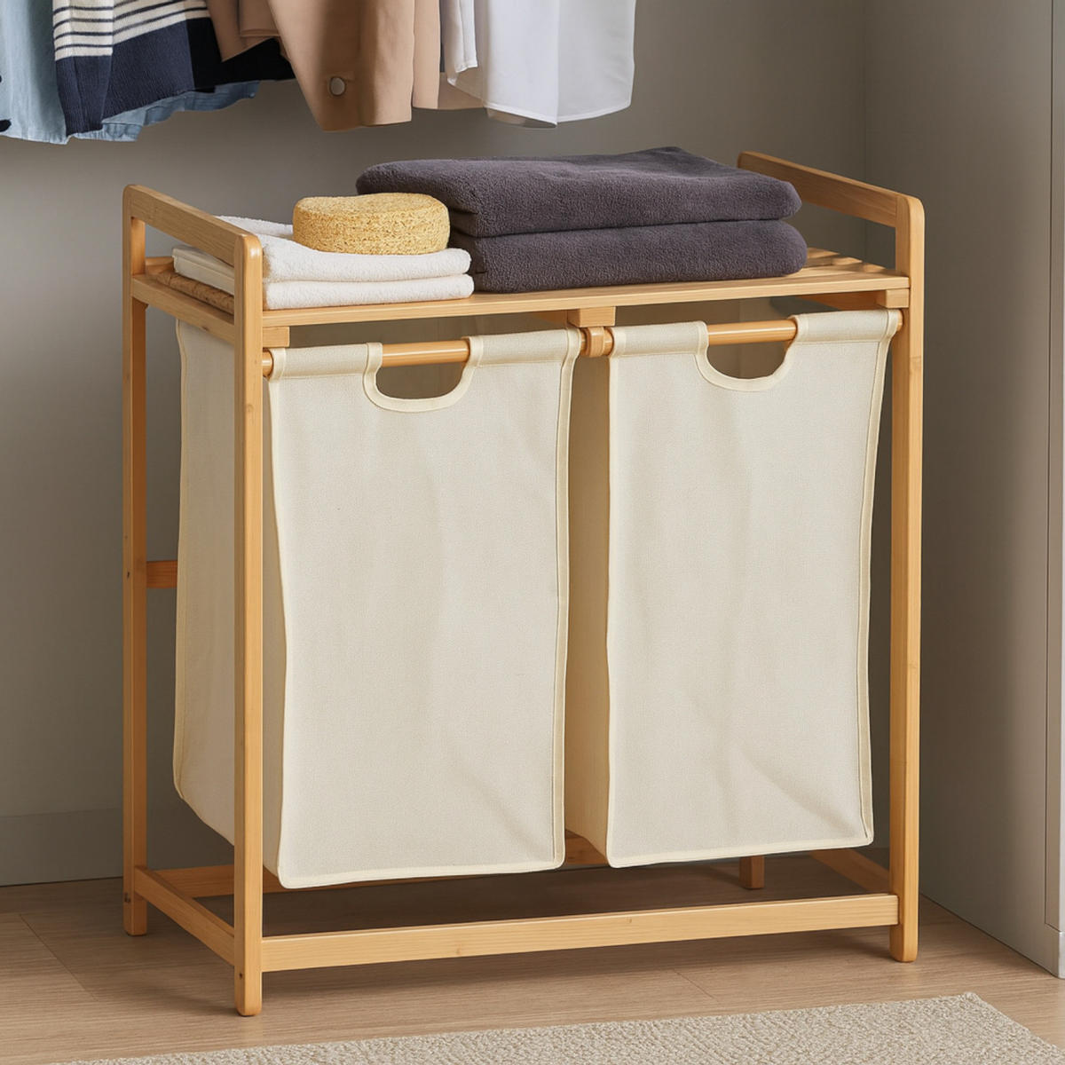 WÄSCHEKORB Bambus Textil Beige Naturfarben 2 Kammern 70x35x68 cm - Beige/Naturfarben, Holz/Textil (70/68/36.5cm) - Begryf