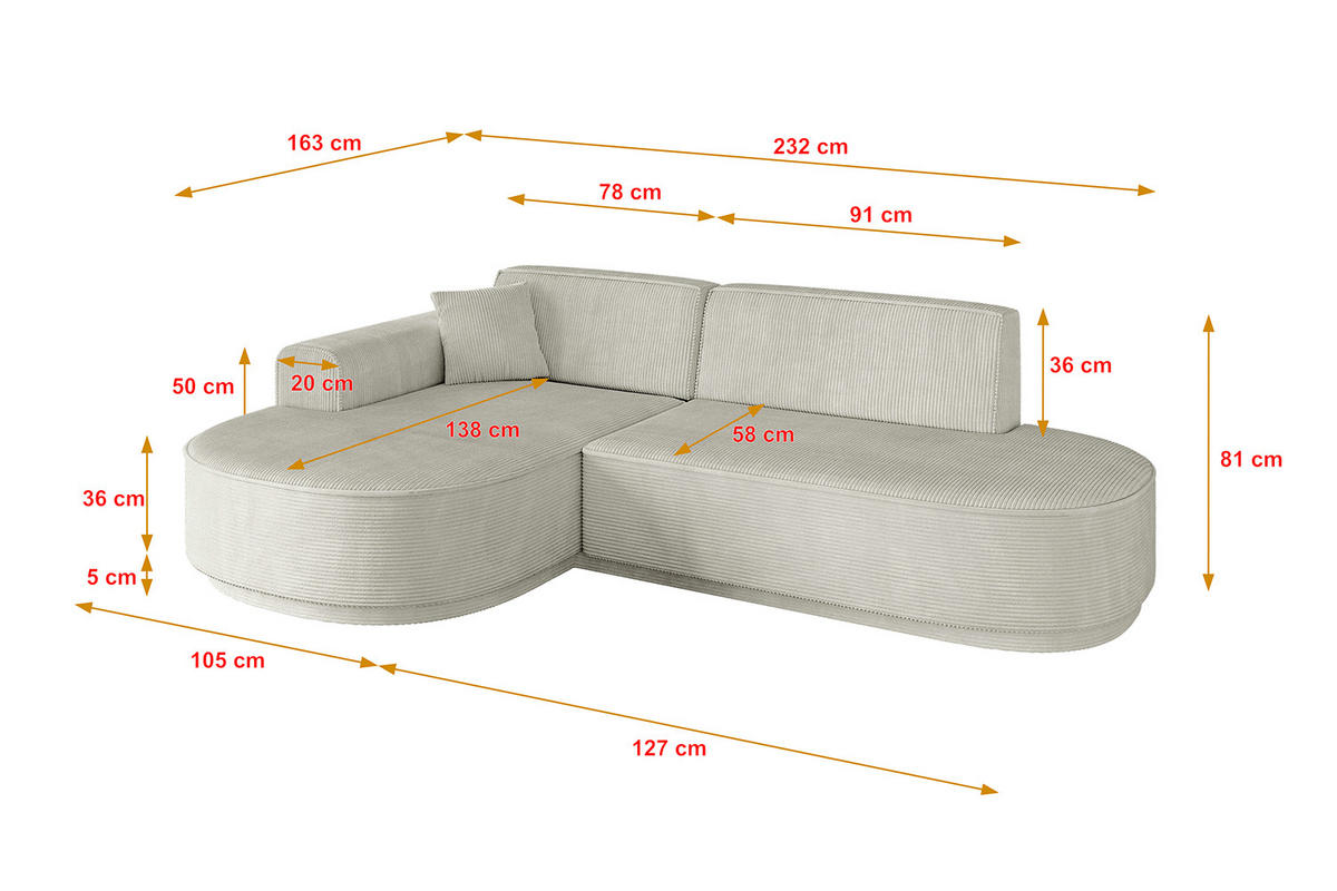 ECKSOFA Ottomane Links MARI-L1-v3 - 232x163x81 cm Hellgrau Cord - Hellgrau/Schwarz, Holzwerkstoff/Kunststoff (232/163cm) - ALTDECOR