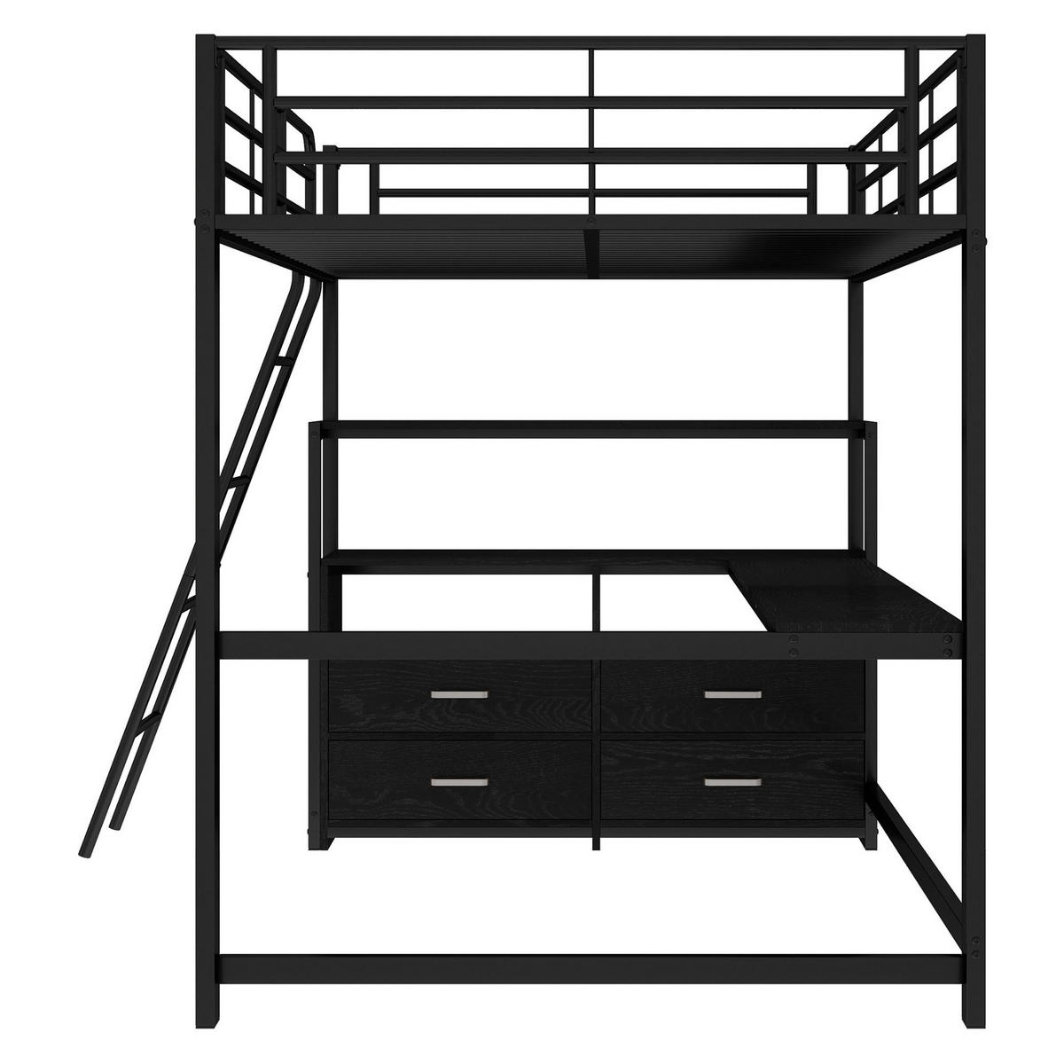 HOCHBETT 140/200 cm schwarz mit L-förmigem Schreibtisch und praktischen Schubladen - Schwarz, Metall (140/200cm) - OKWISH