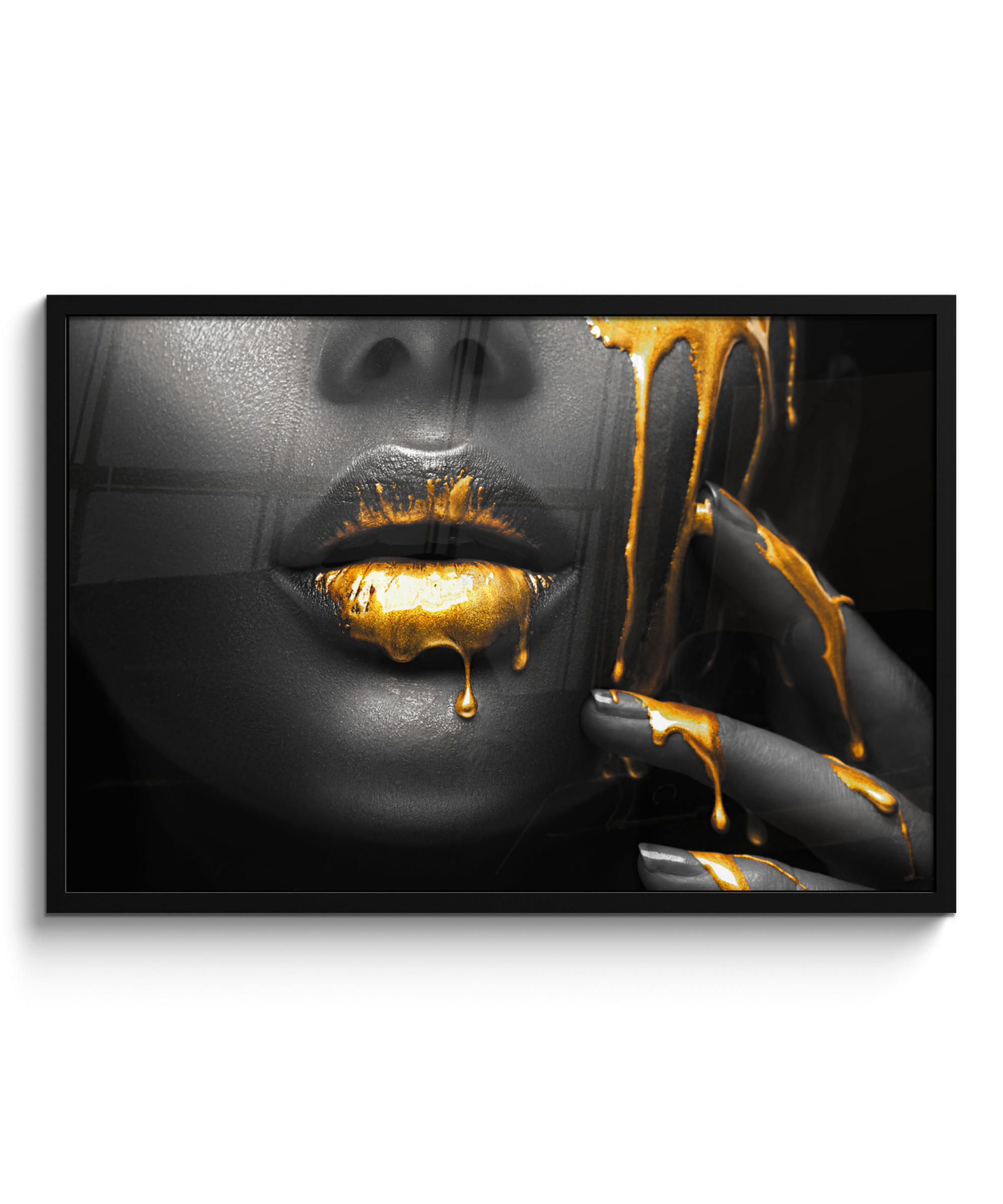 POSTER MIT RAHMENGERAHMTES BILD - Frau - Schwarz - Gold - Gesicht - Lippen - 90x60 cm - Goldfarben, Papier (90/60cm) - MuchoWow