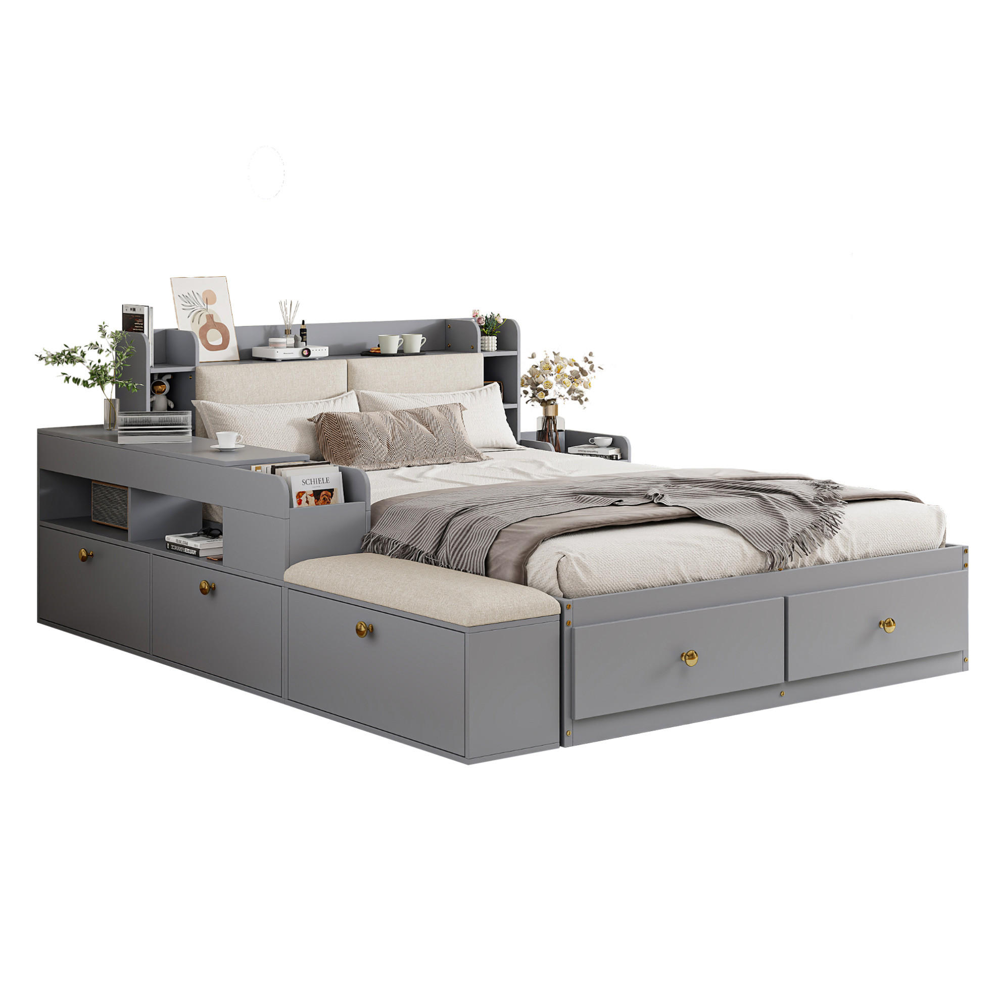 KOMBIBETT Massivholz 140/200 cm grau mit gepolstertem Kopfteil und Stauraum - Grau, Holz (140/200cm) - OKWISH