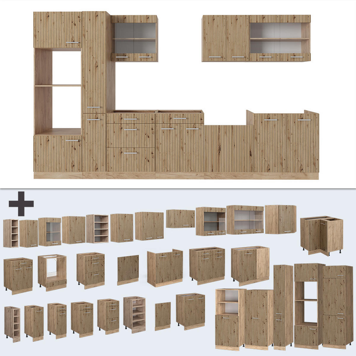 KÜCHENZEILE R-Line Artisan-Eiche/Goldkraft Eiche 350 cm mit Hochschrank AP Eiche - Eiche Wotan/Eiche Artisan, Holzwerkstoff (350/81.6/60cm) - Vicco