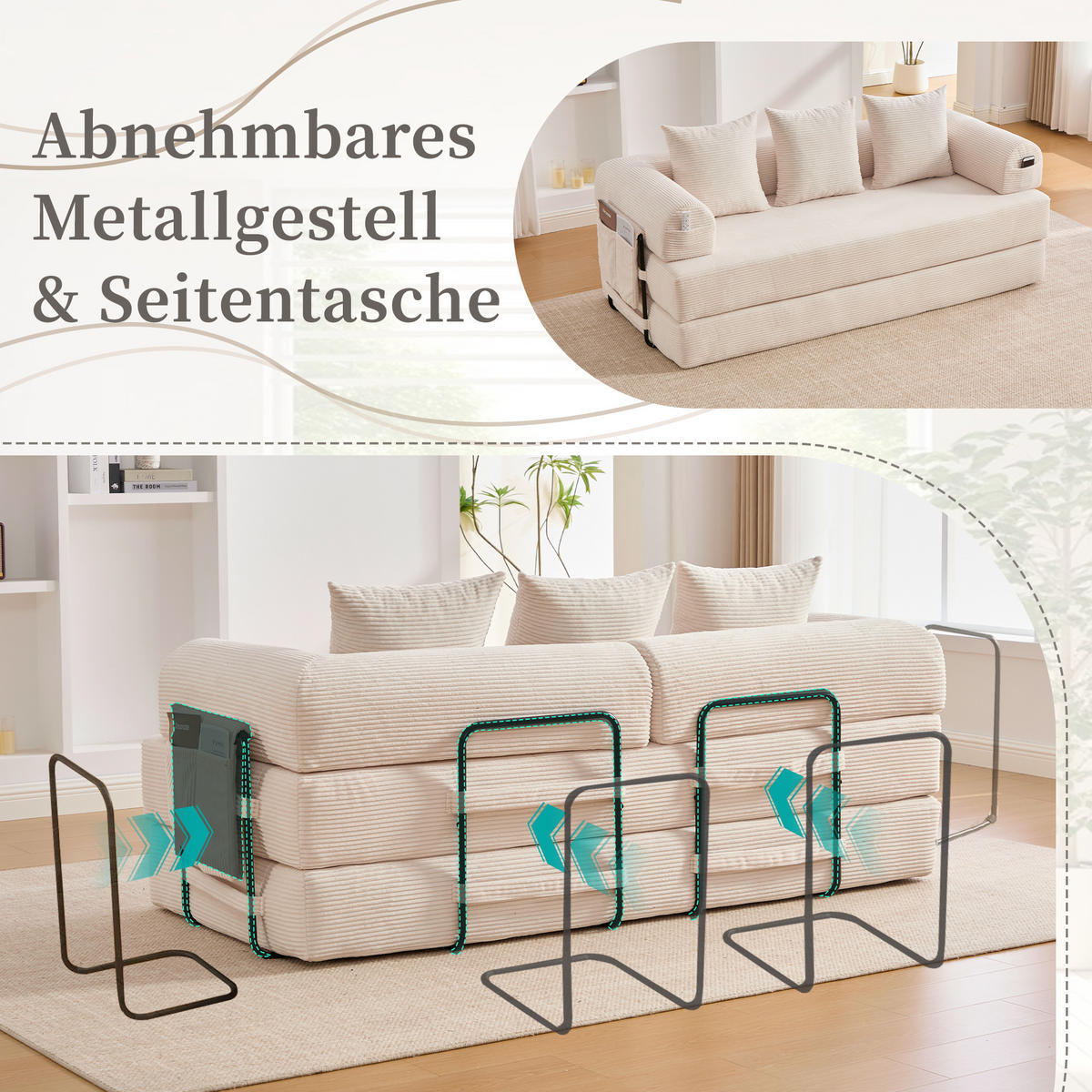 SCHLAFSOFA, Modulares Tagesbett mit Metallgestell, Klappbares Bodensofa Cordstoff, Beige - Beige, Textil (94/67/200cm) - LVHOM