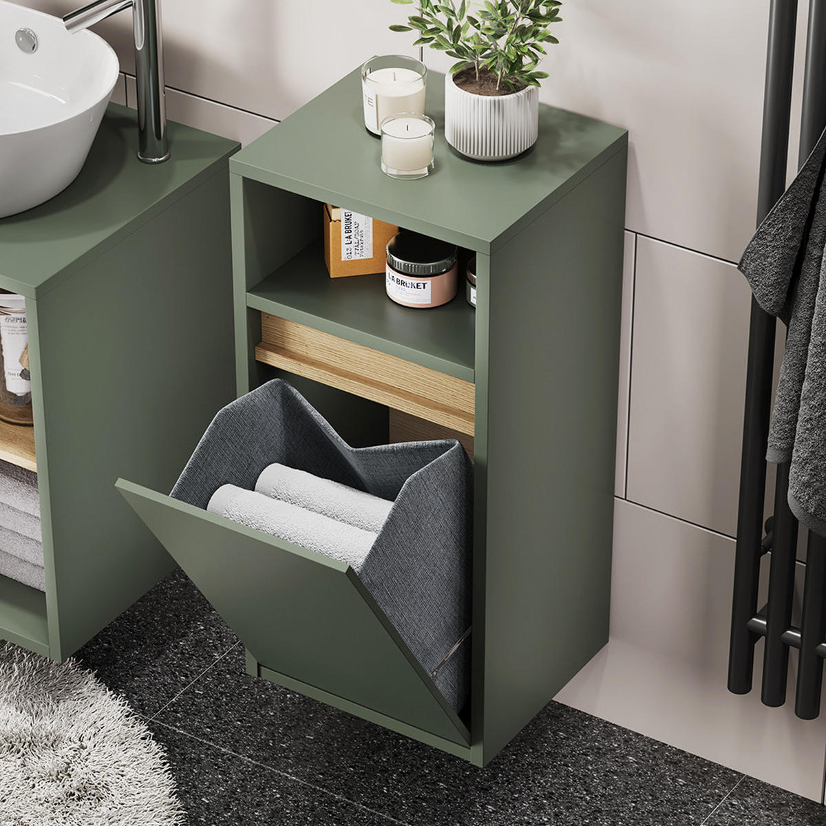 BADSCHRANK Viola Grün/Artisan 38 x 80 cm mit Wäschkorb - Eiche Artisan/Grün, Holzwerkstoff (38/80/33cm) - Vicco