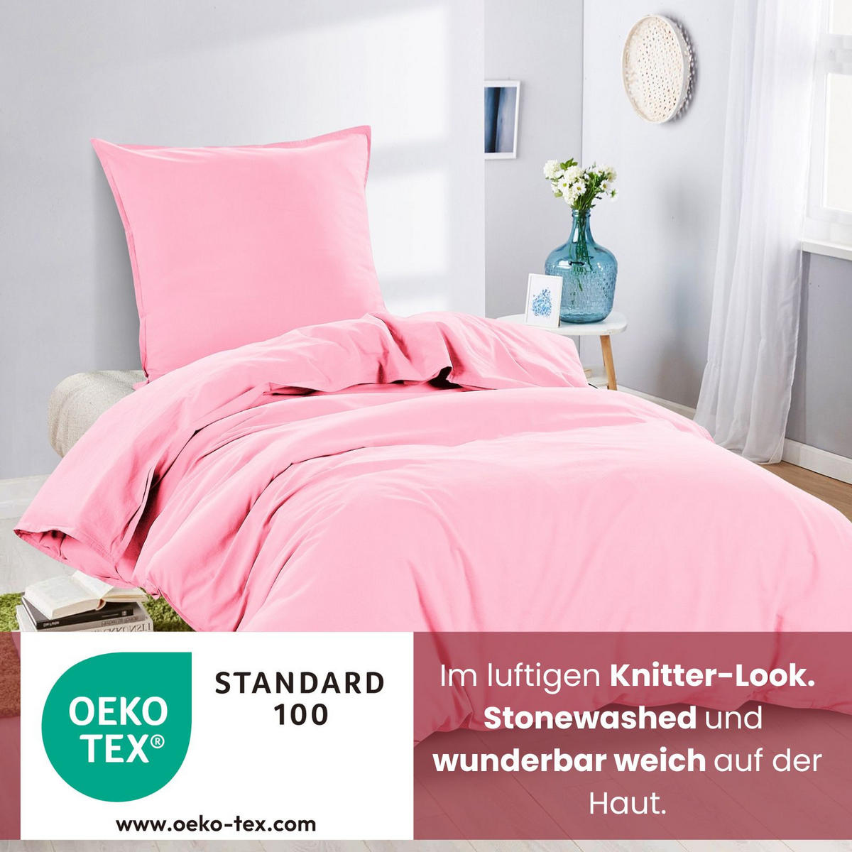 BETTWÄSCHE Stone Washed rosa 155/220 cm 100% Baumwolle Used-Effekt mit Stehsaum - Rosa, Textil (155/220cm) - wometo