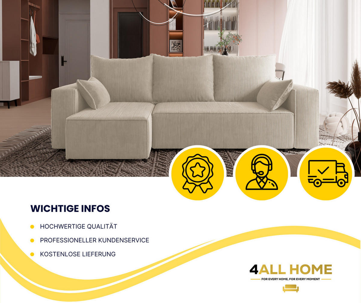 ECKSOFA Tobi mit Bettkasten und Schlaffunktion, L-Form, Cordstoff, Universal - Beige, Holzwerkstoff (246/145cm) - 4ALL HOME