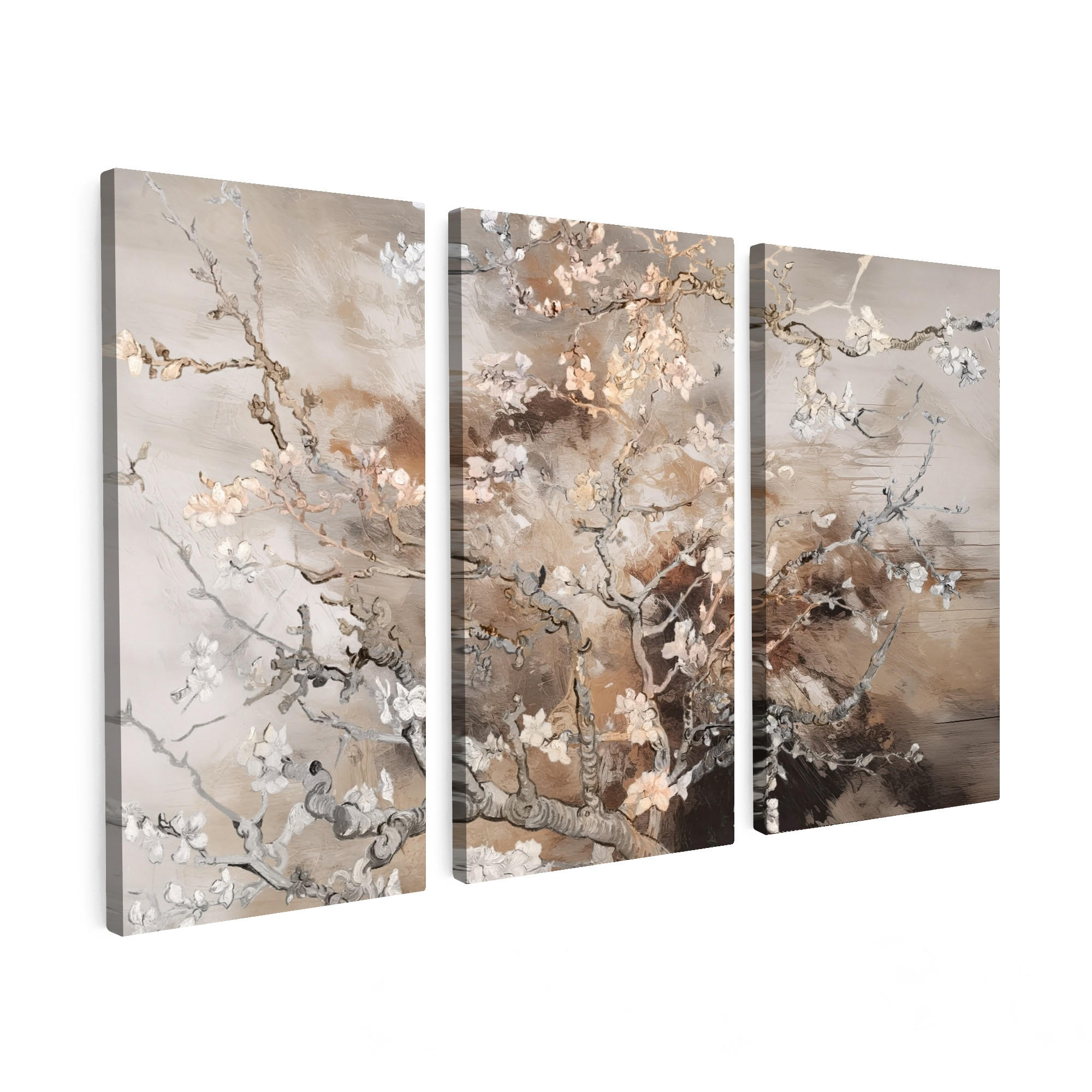 LEINWANDBILD 3er Set Mandelblüte - Abstrakt - Beige 120x80 cm - Beige, Textil (120/80cm) - MuchoWow