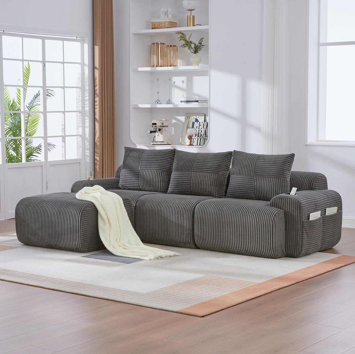 SOFA modular 268 x 174 x 80 cm Corduroy Dark Gray 3-Sitzer - Dunkelgrau, Kunststoff (174/268.1cm) - Meubliv