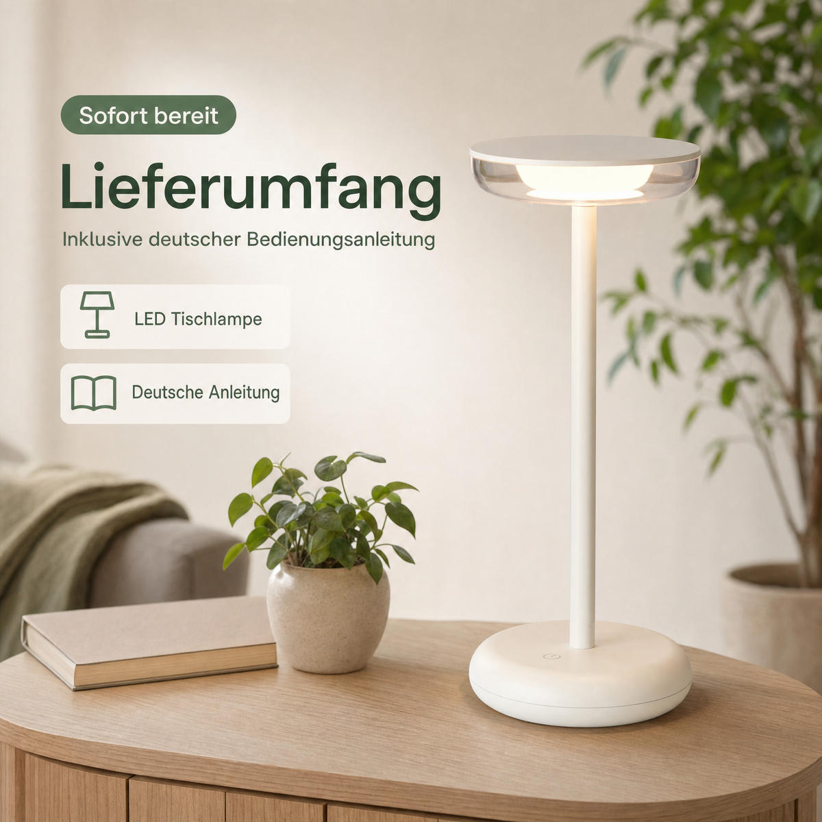 LED-TISCHLAMPE Weiß Dimmbar Akku 1800mAh 180lm warmweiß Touch USB-C Nachttischleuchte Höhe 27,4 cm - Weiß, Kunststoff (11/11/27.4cm) - Northpoint
