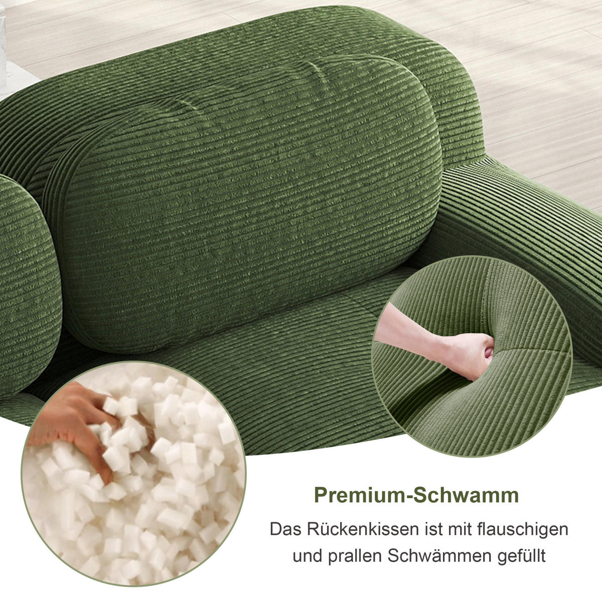 SOFA in Grün aus Cord, modular, rahmenlos und montagefrei - Grün, Textil (178/70/208cm) - Flora Grace