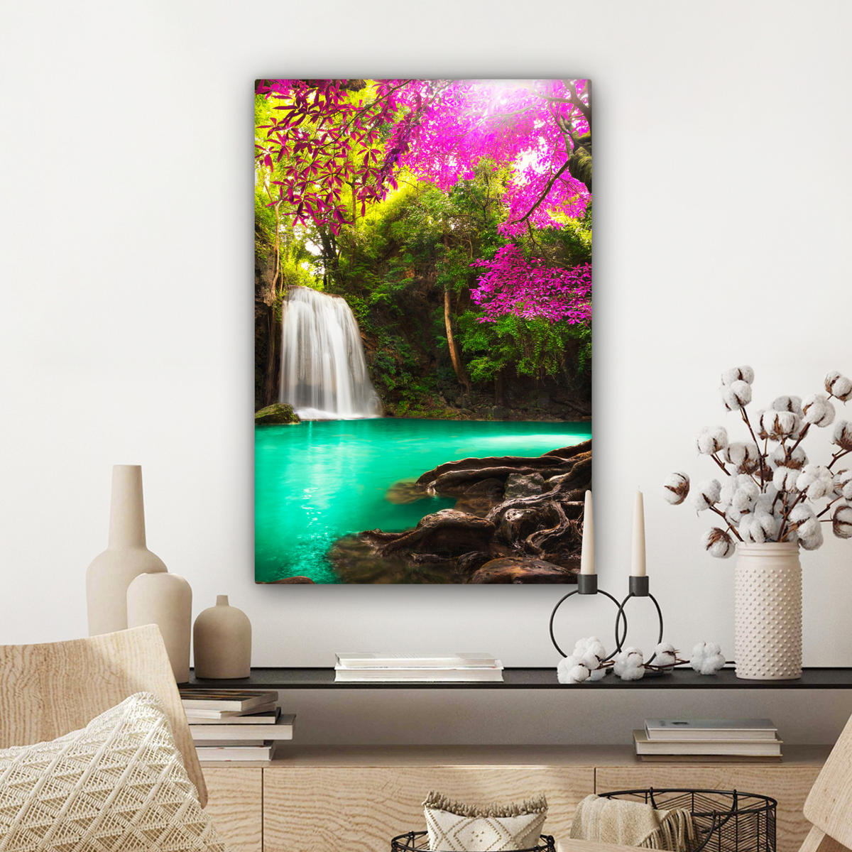 LEINWANDBILD Wasserfall mit bunten Blumen und Bäumen - Natur - Dschungel Wanddeko 40x60 cm - Waldgrün, Textil (40/60cm) - MuchoWow