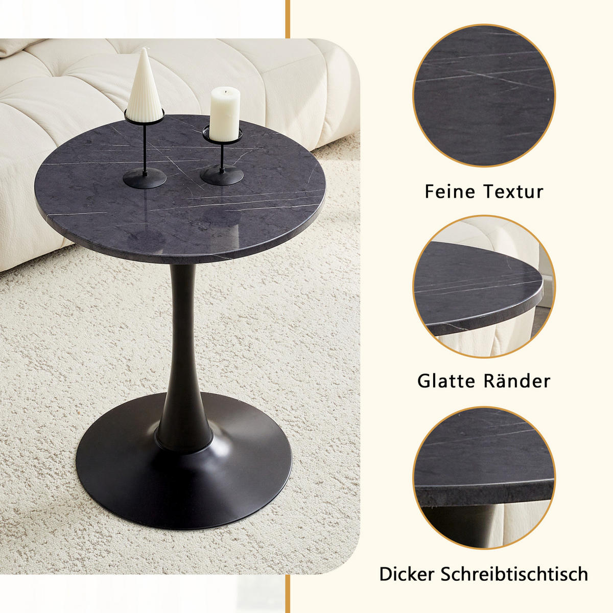BEISTELLTISCH rund 60/72 cm in Schwarz mit Marmor-Optik - Schwarz, Holzwerkstoff (60/60/72cm) - BEAOK
