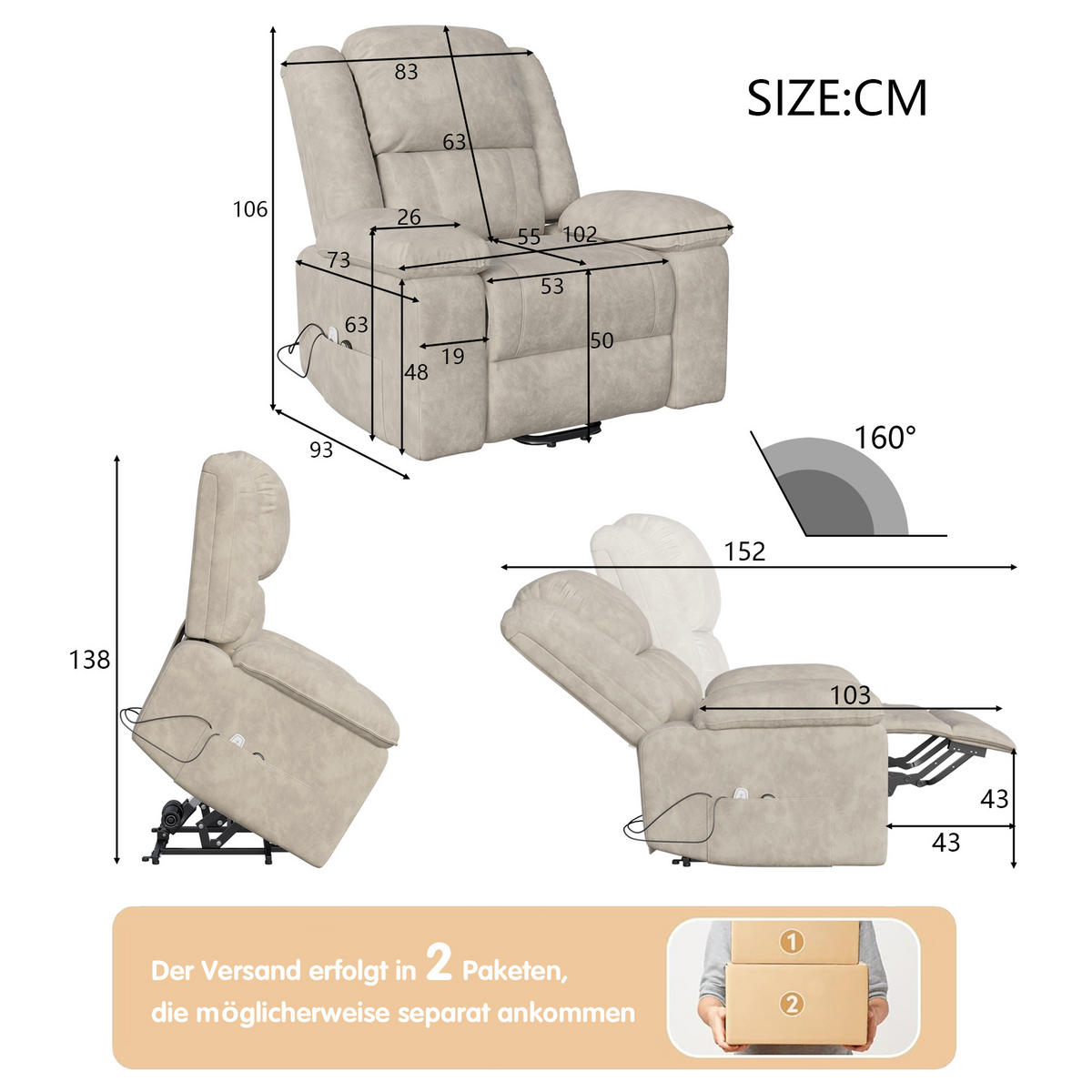 MASSAGESESSEL mit Relaxfunktion, 8 Massagepunkten & 2 Wärmepunkten, Stehhilfe, Fleece-Stoff in Braun - Braun, Textil (93/106/102cm) - BRILVERDE