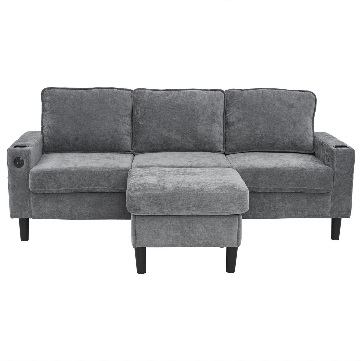 ECKSOFA 202/137/80 cm Grau mit USB-, Typ-C-Anschlüssen, 2 Getränkehaltern und 1 Fußhocker - Grau, Textil (202/137cm) - Oxeza