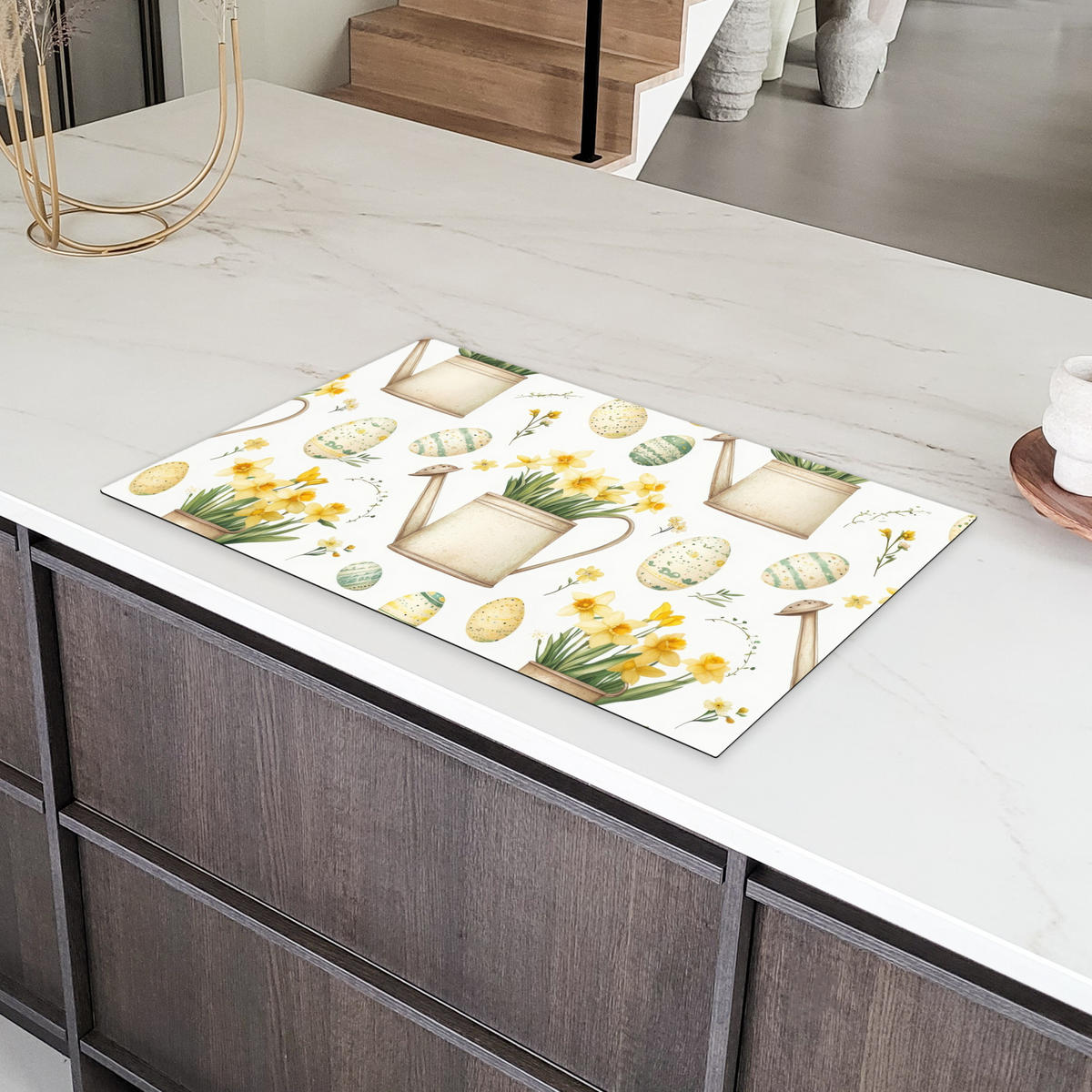 HERDABDECKPLATTE Gießkanne - Blumen - Eier Ceranfeldabdeckung 85x52 cm - Weiß, Kunststoff (85/52/0.2cm) - MuchoWow