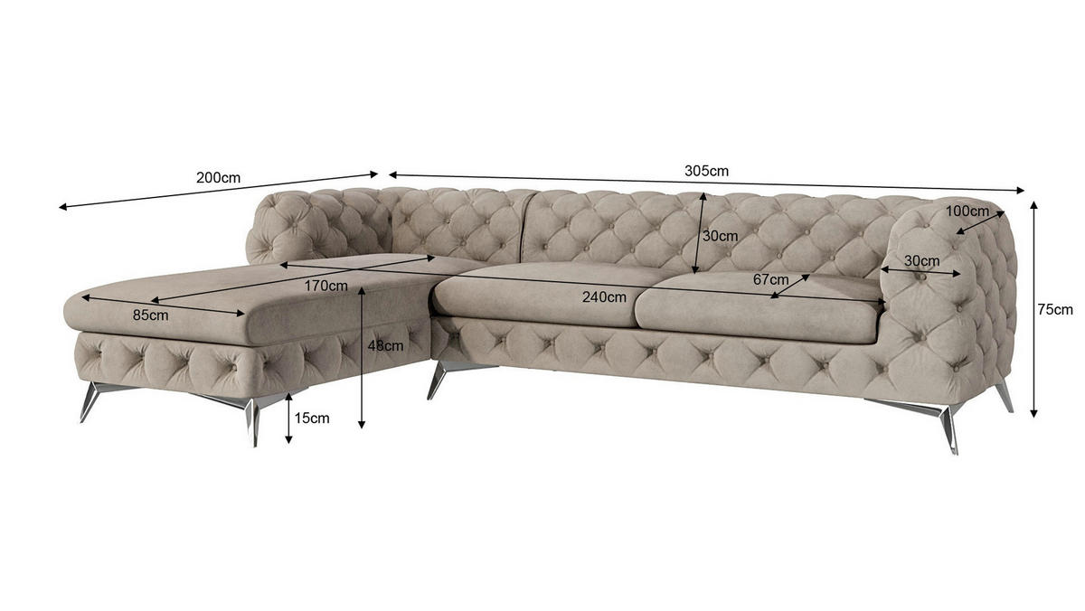ECKSOFA Chesterfield Laura Dunkle Creme Samt - Silberfarben/Creme, Holz/Textil (305/200cm) - S-Style Möbel