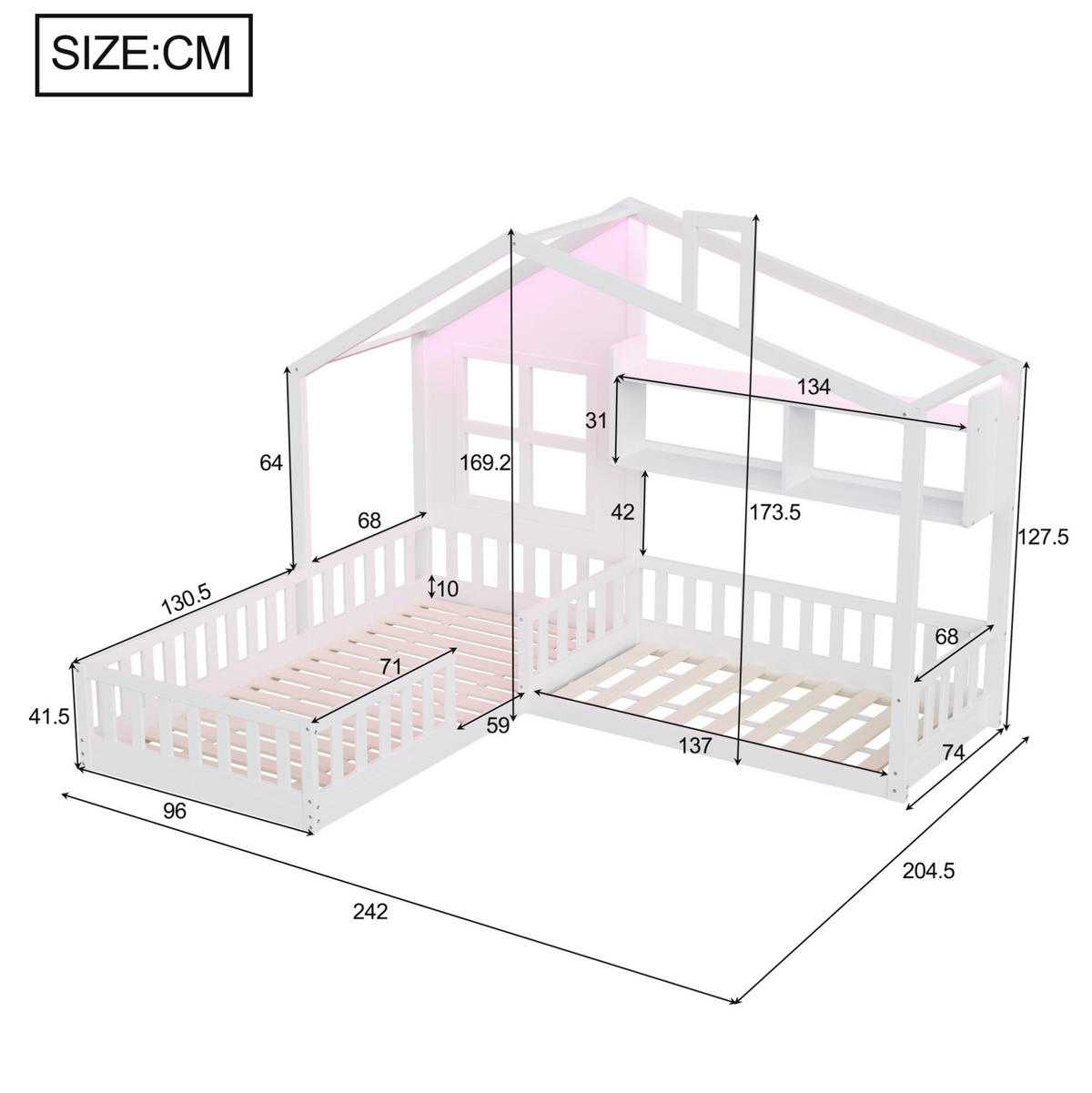 KINDERBETT 90/200 cm mit LED-Beleuchtung, Regalen und Sicherheitsgitter, Weiß - Weiß, Holzwerkstoff (90/200cm) - Redom