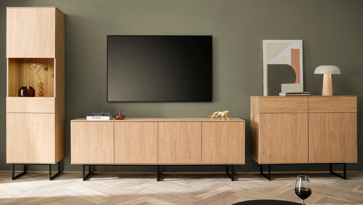 WOHNWAND Stone Eiche, Wohnkombination 3-teilig 400 cm, mit Push-to-Open - Eichefarben/Schwarz, Holzwerkstoff/Metall (400/200/40cm) - Furn.Design