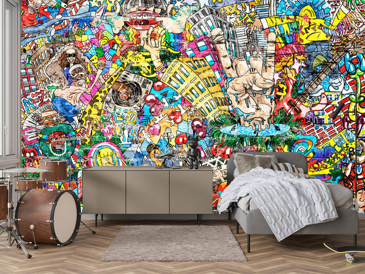 FOTOTAPETE für Jugendzimmer Buntes Graffiti Streetart Bunt 300x210 - Türkis/Gelb, Papier (300/210cm) - Muralo