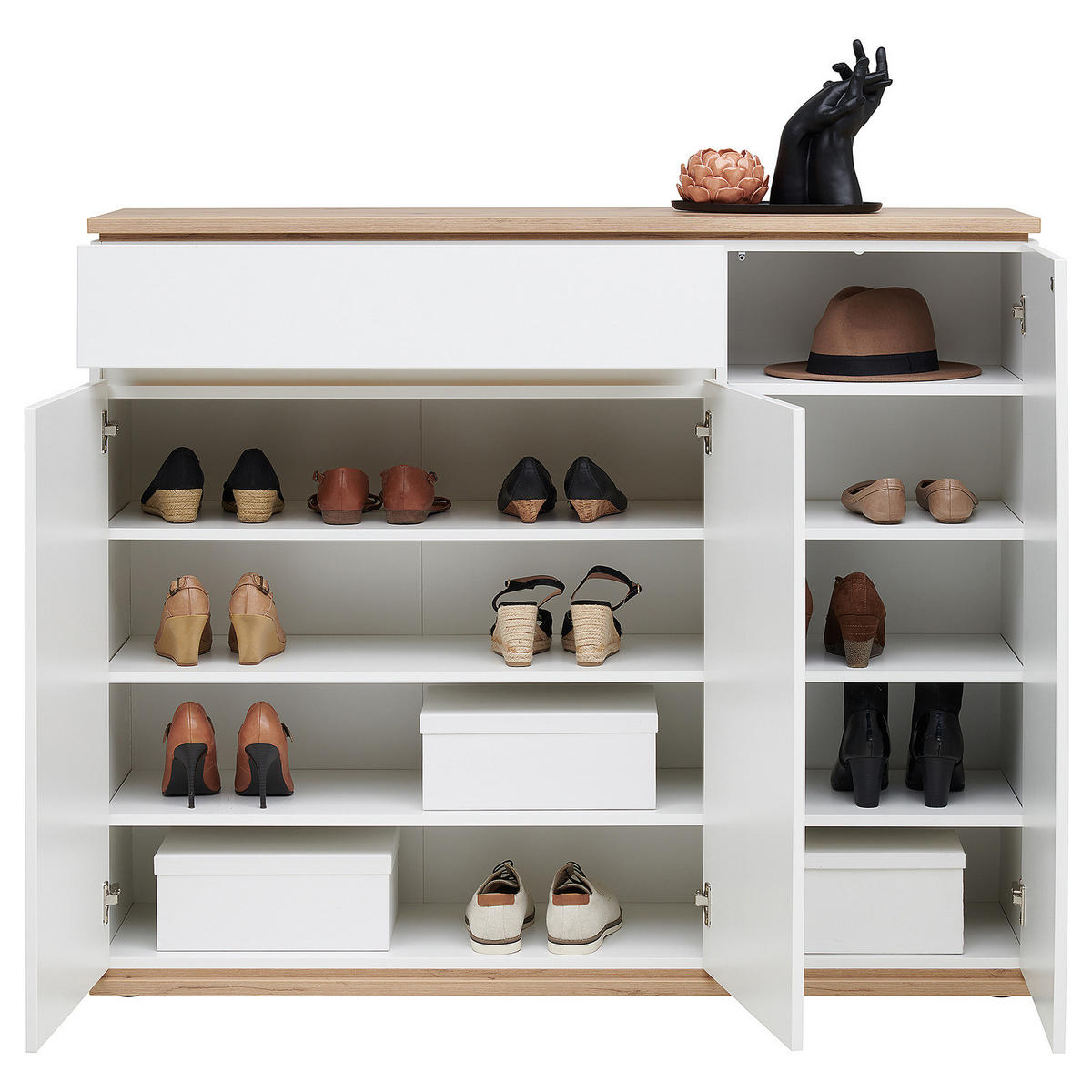 SCHUHKOMMODE - 135 cm - Weiß - Eiche - PVC - 135 x 112 x 38 cm - Schwarz/Weiß, Holzwerkstoff/Kunststoff (135/112/38cm) - home24