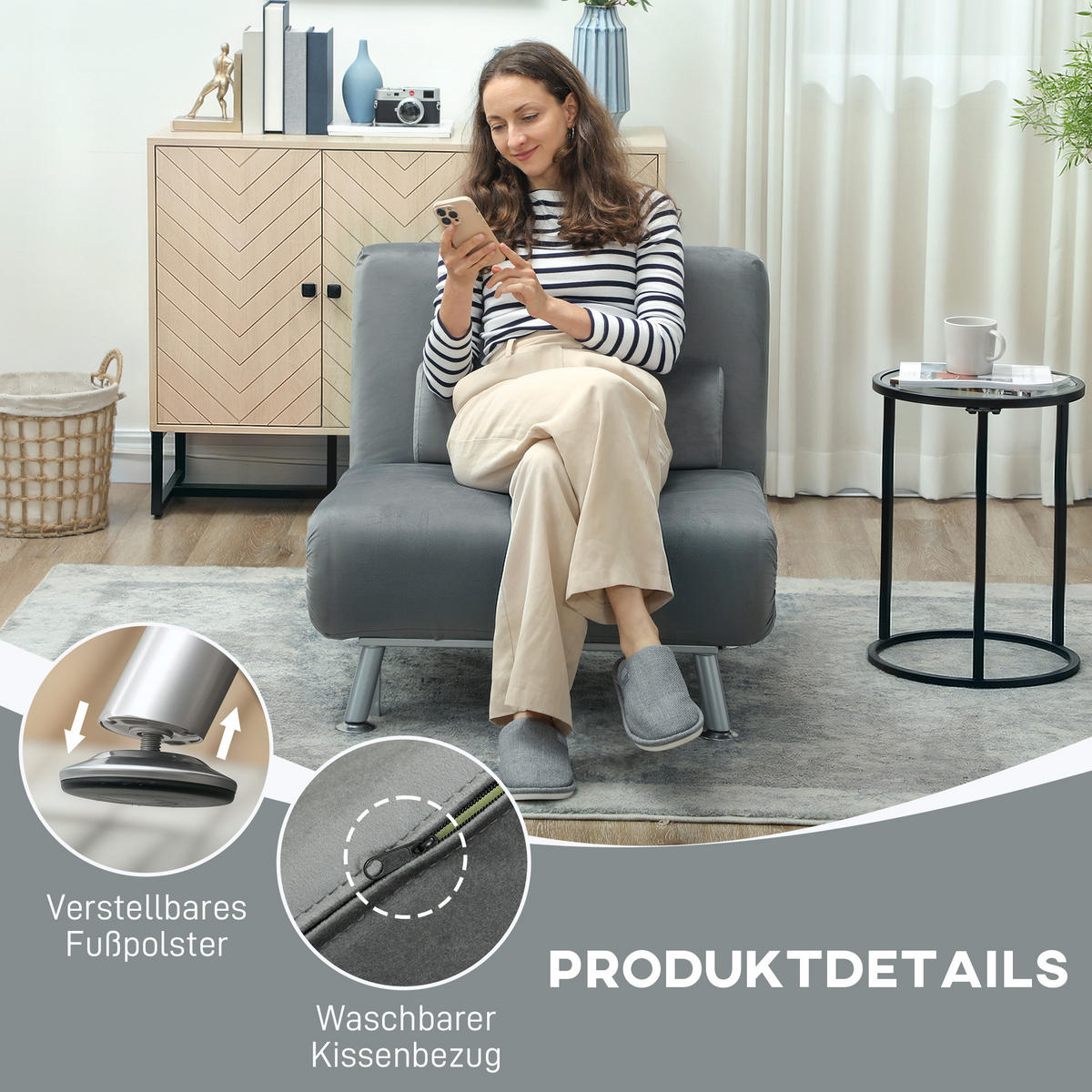KLAPPBAR Schlafsessel Schlafsofa Klappmatratze Bett Gästebett Grau - Silberfarben/Grau, Textil/Metall (70/75/75cm) - HOMCOM