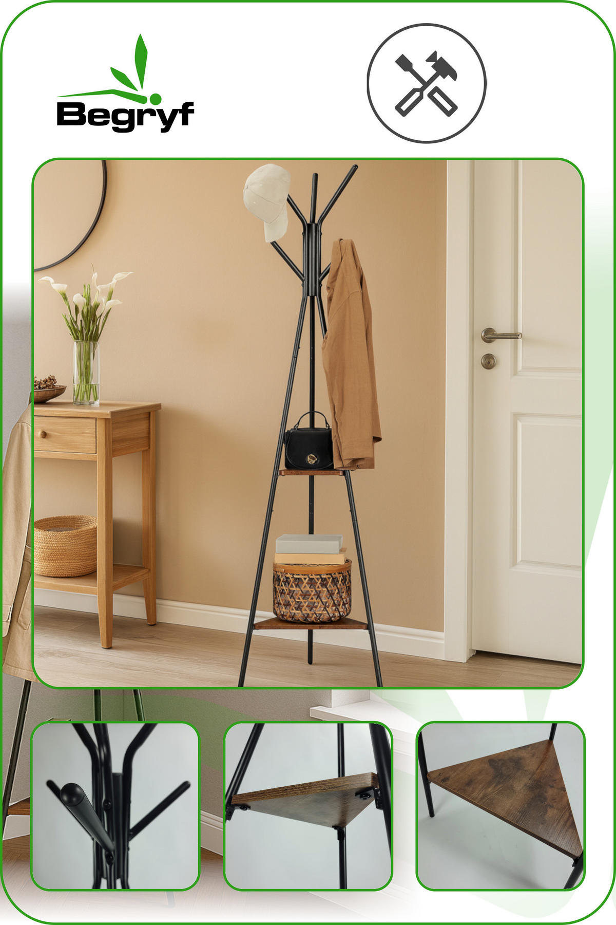 KLEIDERSTÄNDER Holzoptik Metall Dunkelbraun Schwarz mit Ablagen 179 × 49,5 cm - Dunkelbraun/Schwarz, Holzwerkstoff/Metall (49/179/49cm) - Begryf