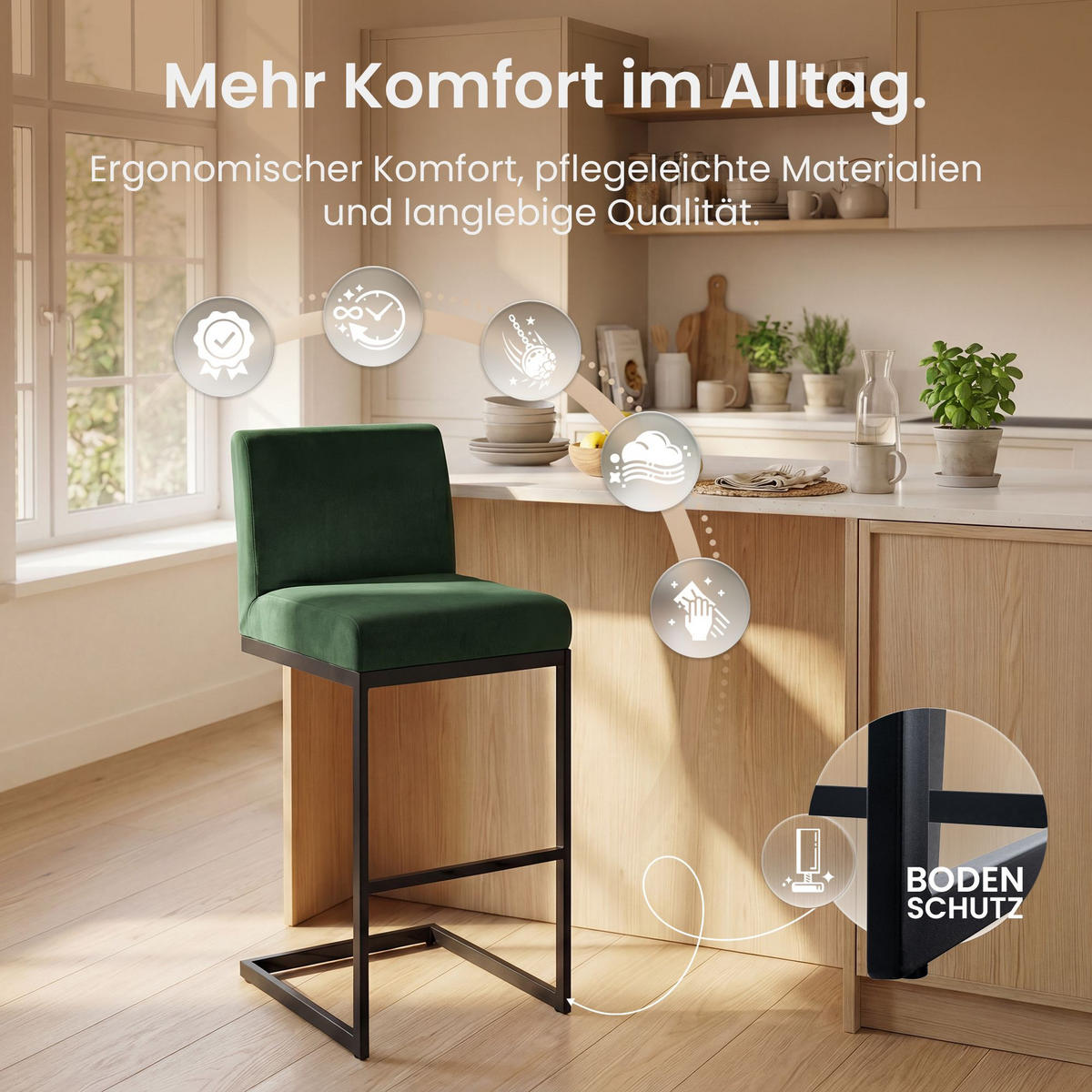 BARHOCKER Samt Grün - Schwarz/Grün, Textil/Metall (43/104/53cm) - CLP