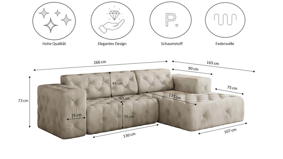 ECKSOFA L-Form Gesteppt LUX Stoff Whisper Rechts Creme - Creme, Holz/Kunststoff (266/165cm) - Kaiser Möbel