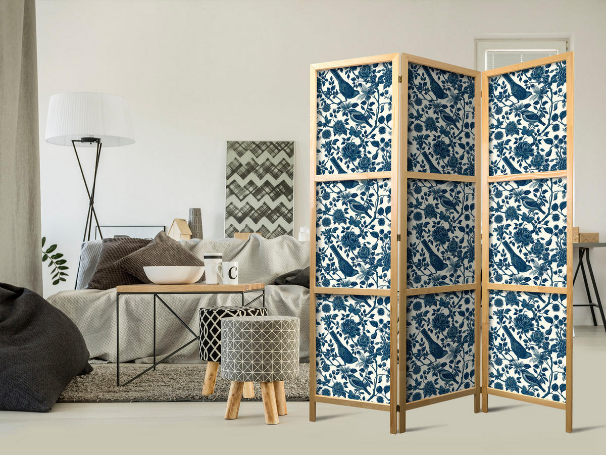 PARAVENT Japanischer 3-tlg 135x172 cm Blaue Blumen Und V gel - Blau, Holz/Textil (135/172/3cm) - Muralo