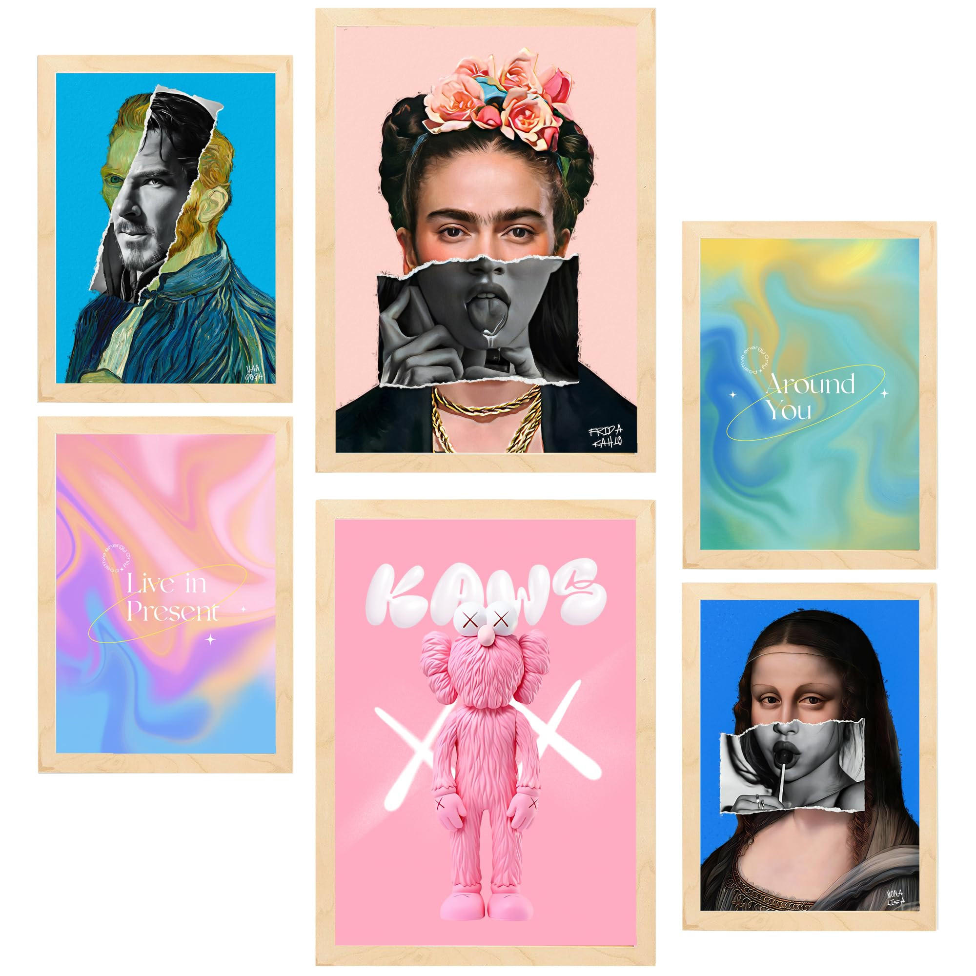 POSTER Set Mit 6 Ikonische Frida Van Gogh Pop Art A3 & A4 Rahmen Aus Hellem Holz - Beige, Papier (29/3cm) - Nacnic