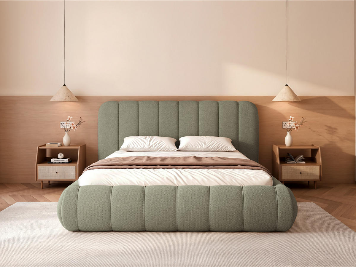 POLSTERBETT Gallo 160x200 cm Hellgrün Schlingengewebe – (Doppelbett mit Bettkasten, Lattenrost, voluminöses Kopfteil) - Hellgrün, Holz/Holzwerkstoff (160/200cm) - Ravio