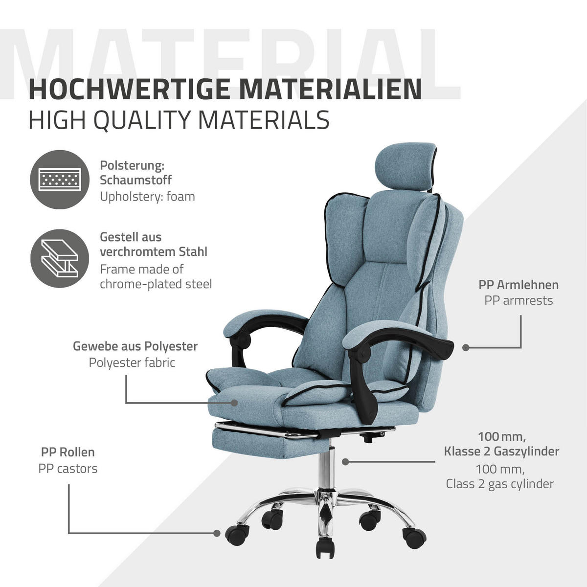 BÜROSTUHL - Blau, Metall (66/130.5/59cm) - ML-DESIGN