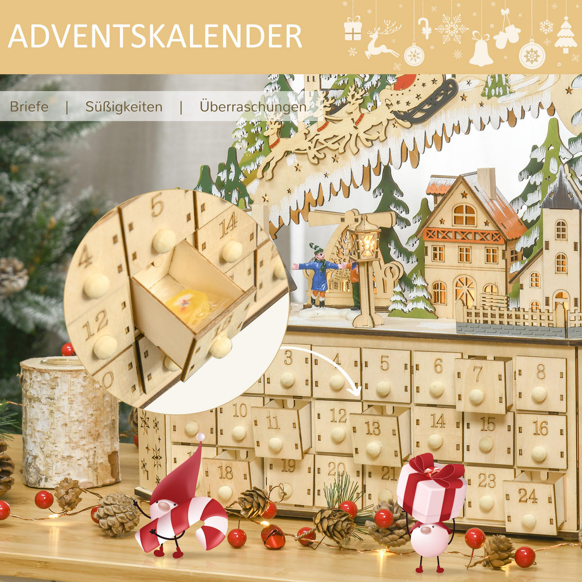 ADVENTSKALENDER zum Befüllen, 24 Schubladen Fächer, mit LED-Lichtern, Naturholz - Naturfarben, Kunststoff (13/43/45cm) - HOMCOM