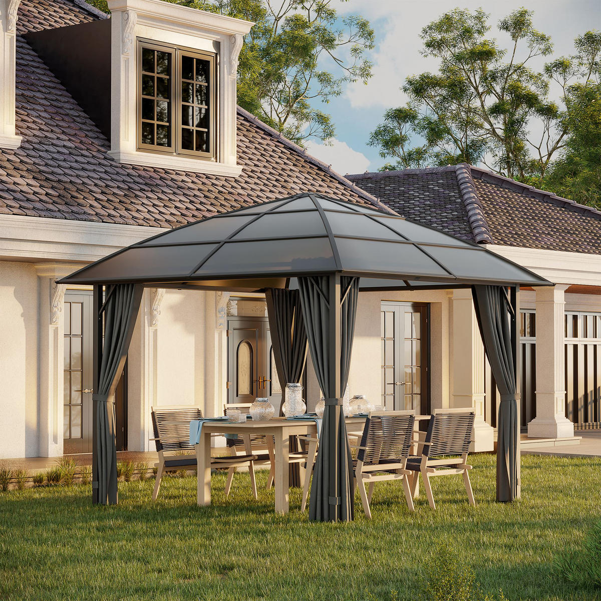 PAVILION MIT POLYCARBONATDACH DE-12584 3x3 m mit Seitenwänden Dunkelgrau - Dunkelgrau, Metall (305/270/305cm) - ComfortXL