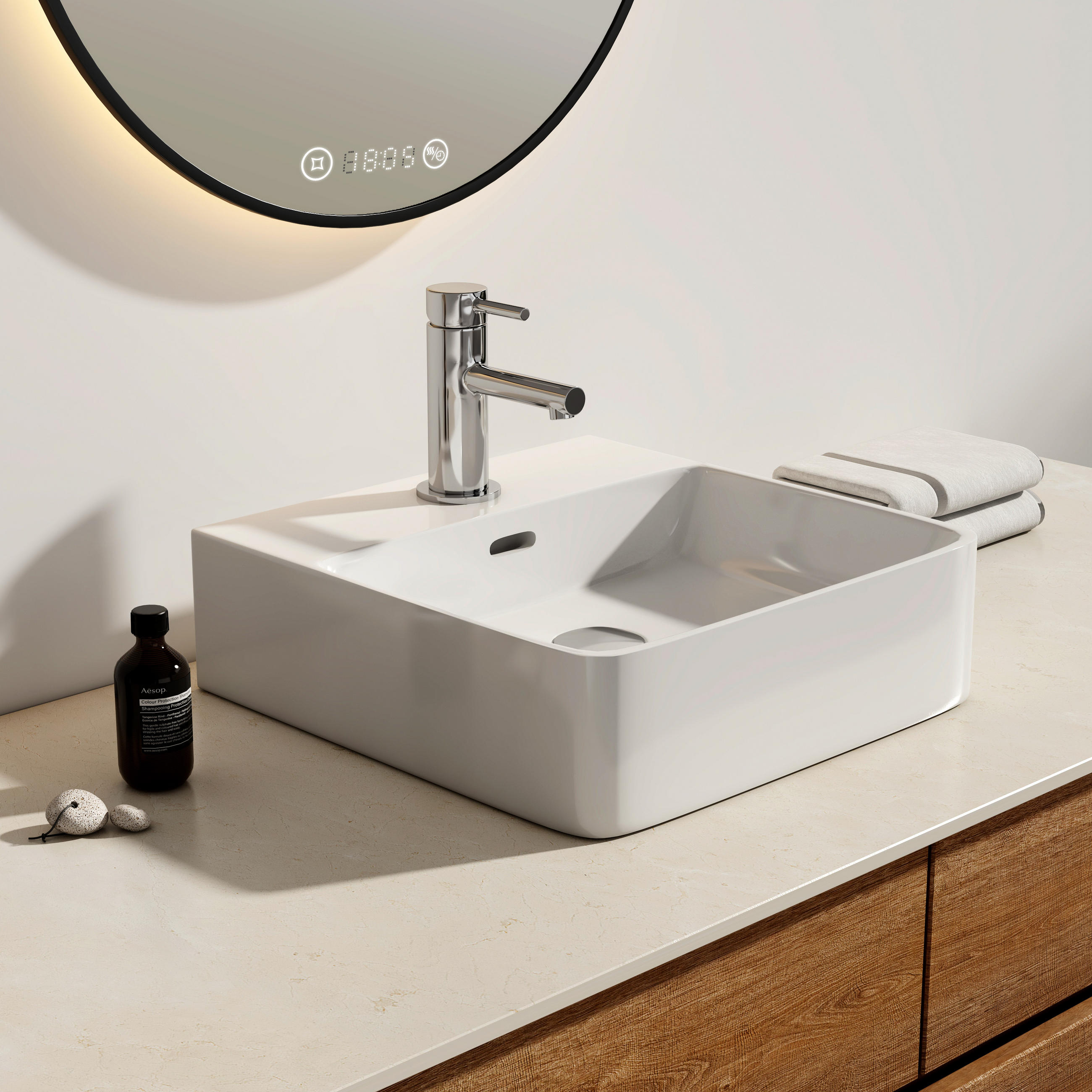 WASCHBECKEN mit 1 Hahnloch, Überlauf und Hahnlochbank, Weiß 42,5/41,5/12,5 cm - Weiß Hochglanz, Keramik (41.5/12.5/42.5cm) - EMKE