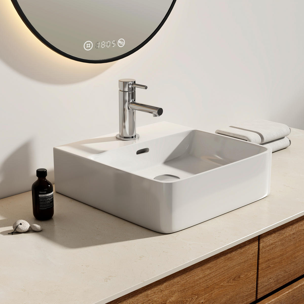 WASCHBECKEN mit 1 Hahnloch, Überlauf und Hahnlochbank, Weiß 42,5/41,5/12,5 cm - Weiß Hochglanz, Keramik (41.5/12.5/42.5cm) - EMKE