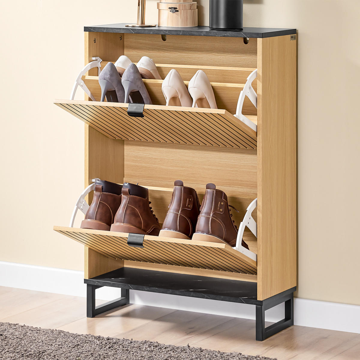 SCHUHSCHRANK Holzoptik & Schwarz mit Marmor - Naturfarben, Holzwerkstoff (60/88/24cm) - SoBuy