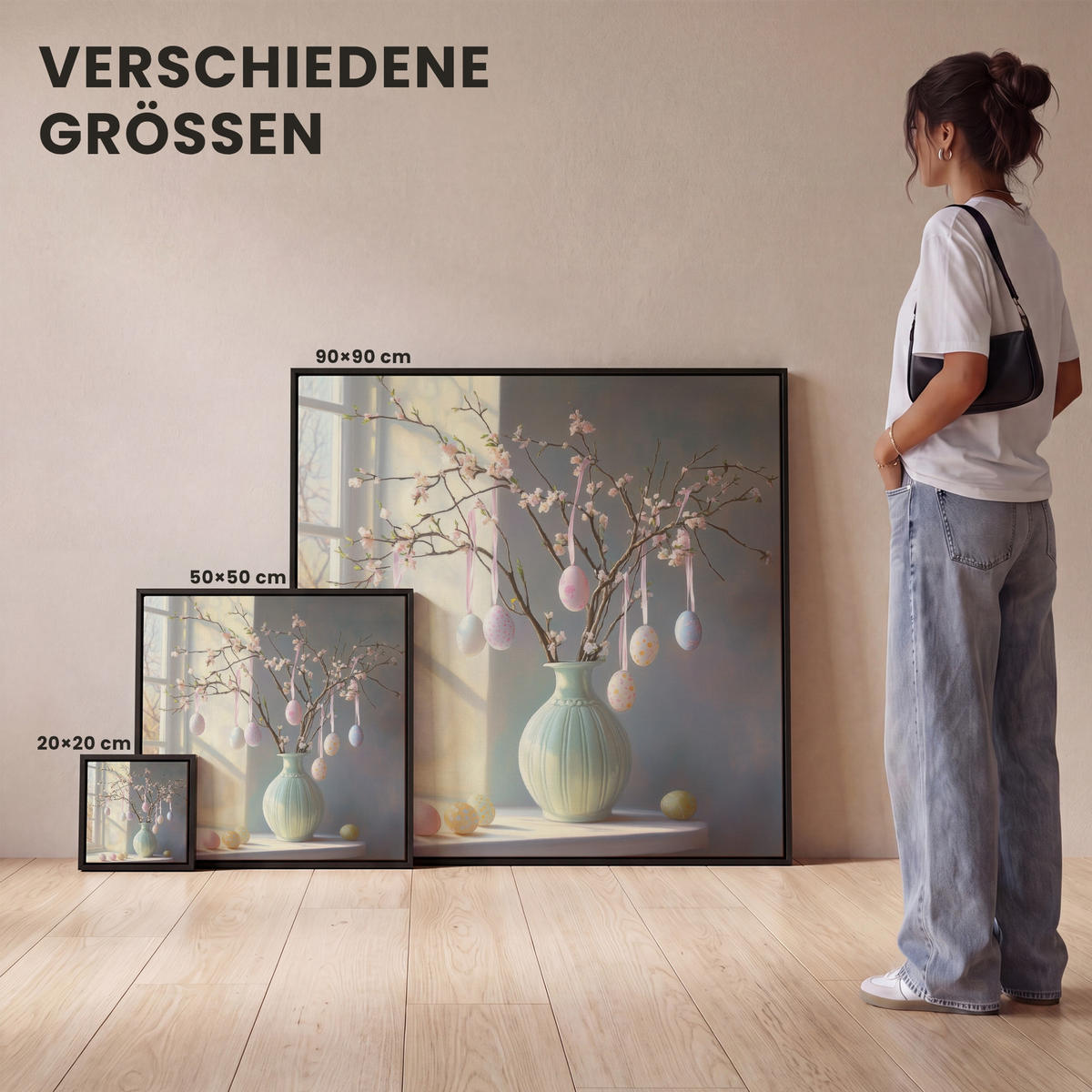 LEINWAND Bilder mit Rahmen - Stillleben - Vase - Osterzweig - 20x20 - Hellblau, Textil (20/20cm) - MuchoWow