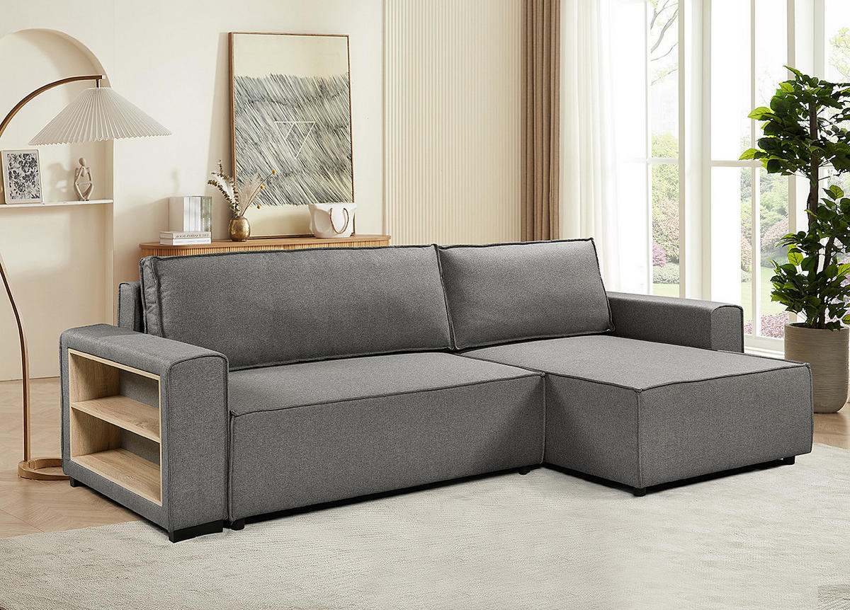 ECKSOFA mit Schlaffunktion - Flachgewebe - Dunkelgrau/Schwarz, Kunststoff/Textil (284/155cm) - home24
