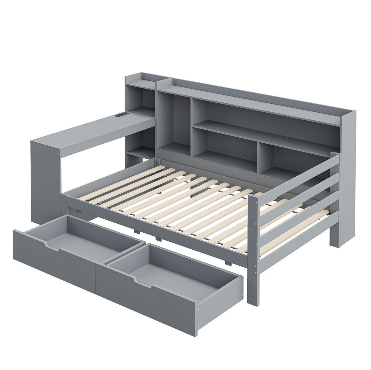 SCHLAFSOFA 90/200 cm mit Schreibtisch, Regalen, 2 Schubladen und USB-Steckdose, Grau - Grau, Holzwerkstoff (245.5/100/114.5cm) - Redom