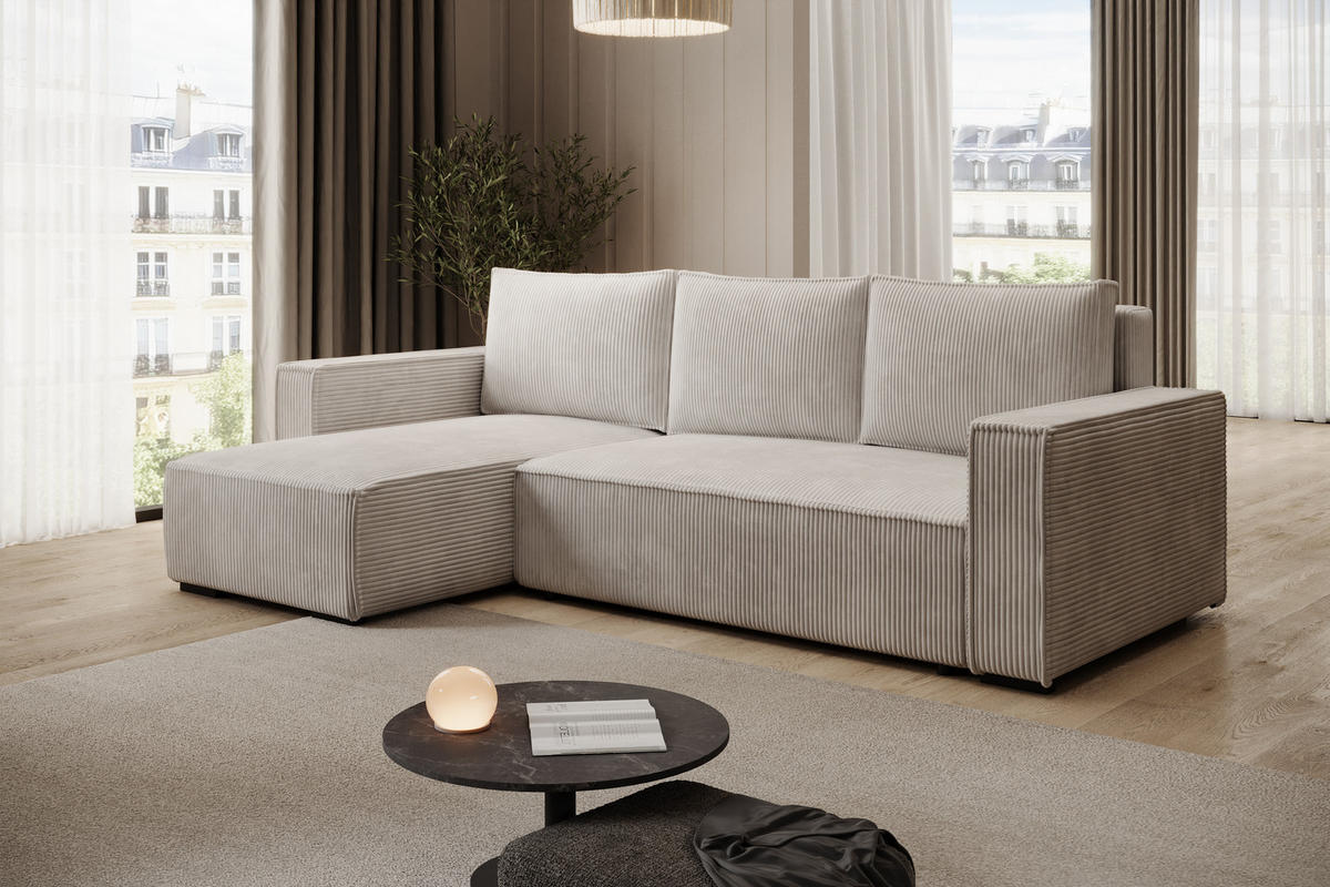 ECKSOFA CUDDY L, Eckcouch in L-Form mit Schlaffunktion und Bettkasten, Farbe: Hellgrau, Cordstoff, Ottomane Links - Hellgrau, Textil (240/140cm) - Storez24