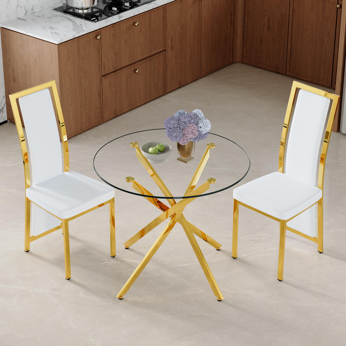 ESSGRUPPE DE-39460 3-teilig, Glastisch und 2 Stühlen mit Goldkante Weiß - Weiß, Metall (88/75/88cm) - ComfortXL