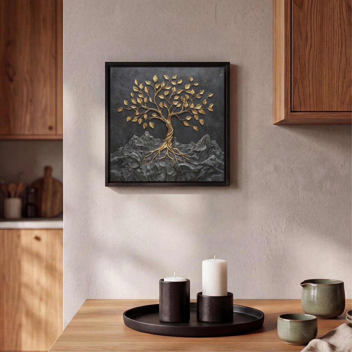 LEINWAND Bilder mit Rahmen - Blätter - Gold - Baum - Fels - 20x20 - Schwarz, Textil (20/20cm) - MuchoWow