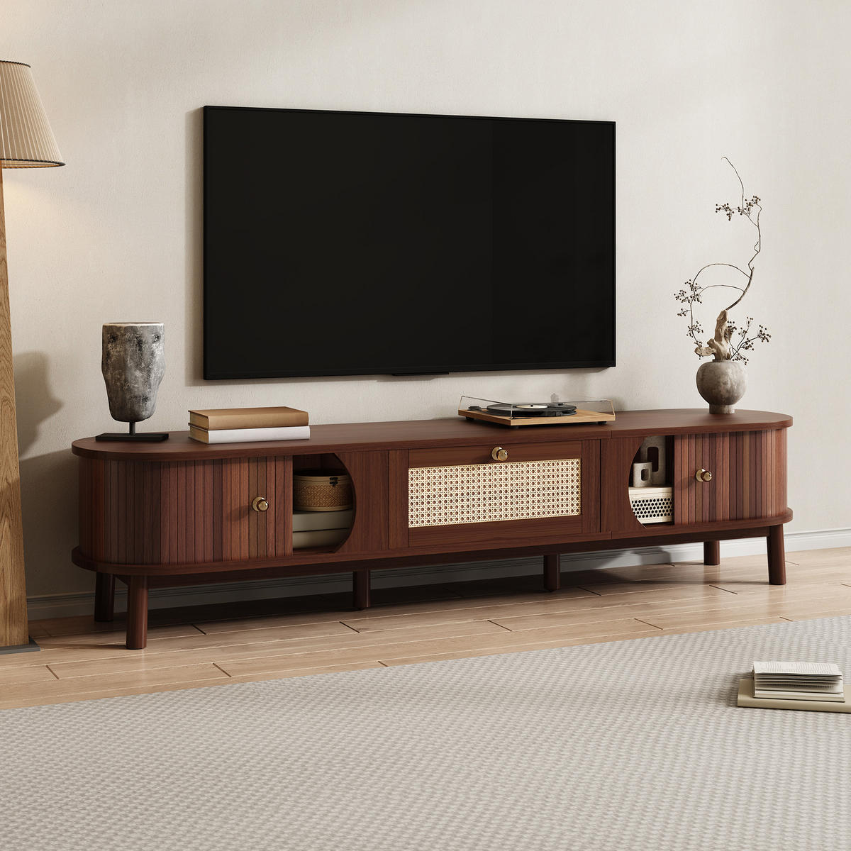 TV-LOWBOARD aus Massivholz, Spanplatte und Rattan 170x39,5x38 cm in Holzfarbe und Hellgelb - Eichefarben, Holzwerkstoff (170/38/39.5cm) - IVMEU