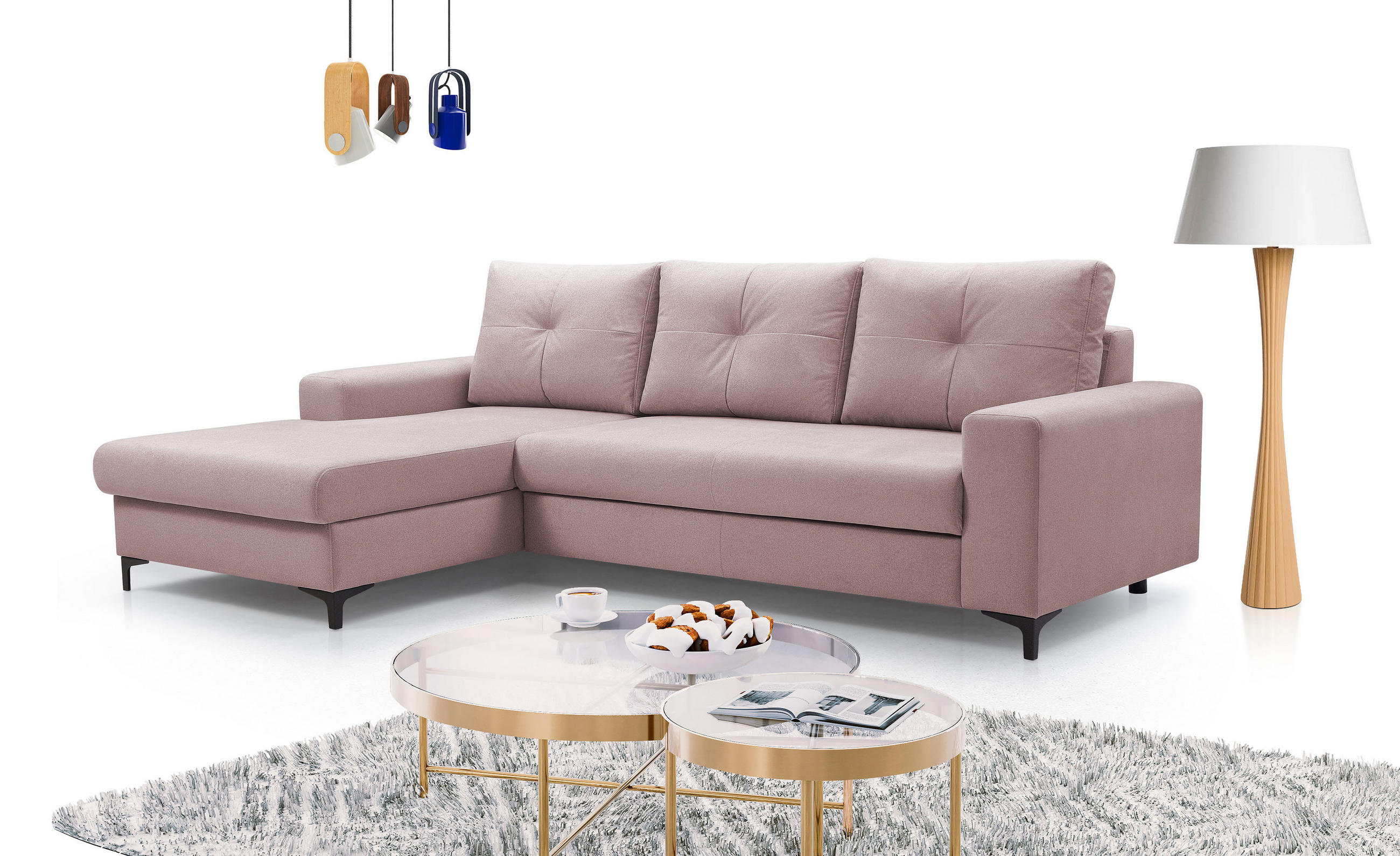 ECKSOFA AVRA L-förmig, mit Stauraumbehälter-in RINO-Stoff, Komfort & Eleganz, lose Rückenkissen, freistehend, LINKS 165x251x85 cm Pink - Pink, Holz/Textil (165/251cm) - DomoHome