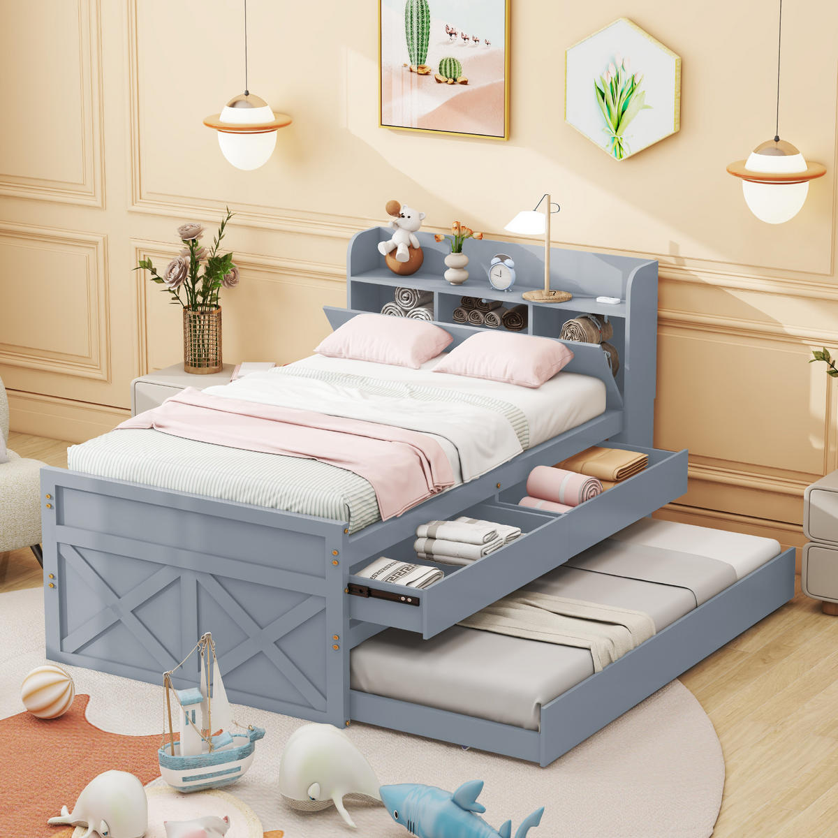 EINZELBETT 90/190 cm grau Multifunktionales Massivholzbett mit USB-Anschluss und ausziehbarem Bett - Grau, Holz (90/200cm) - OKWISH