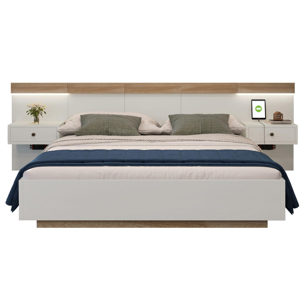 BETT 160/200 cm mit Kopfteil & 2 LED-Nachtkommoden inkl. Lattenrost - Weiß, Holzwerkstoff (160/200cm) - BEAOK